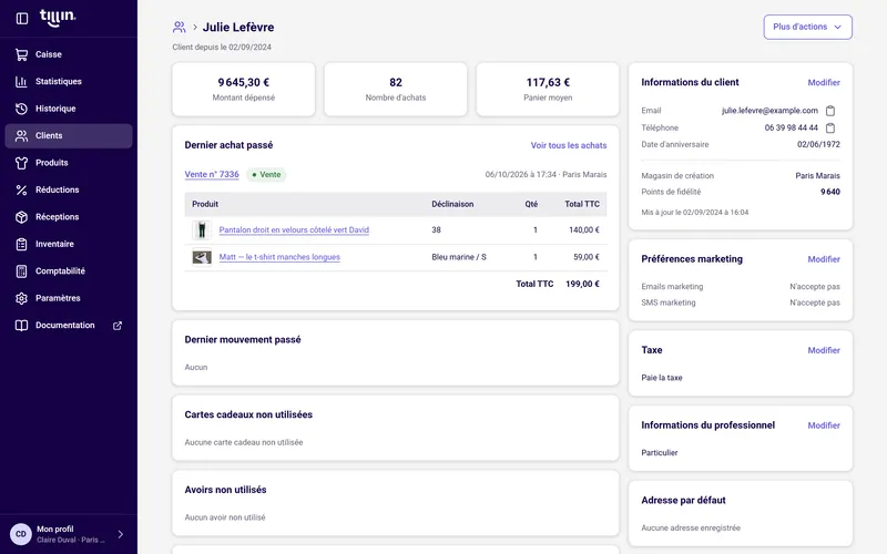 Fiche client Tillin avec sa fidélité.