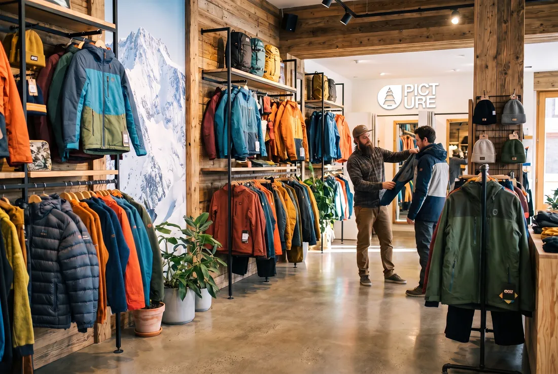 Dans un magasin de vêtements outdoor en franchise, un vendeur conseille un client entre les portants de vestes.